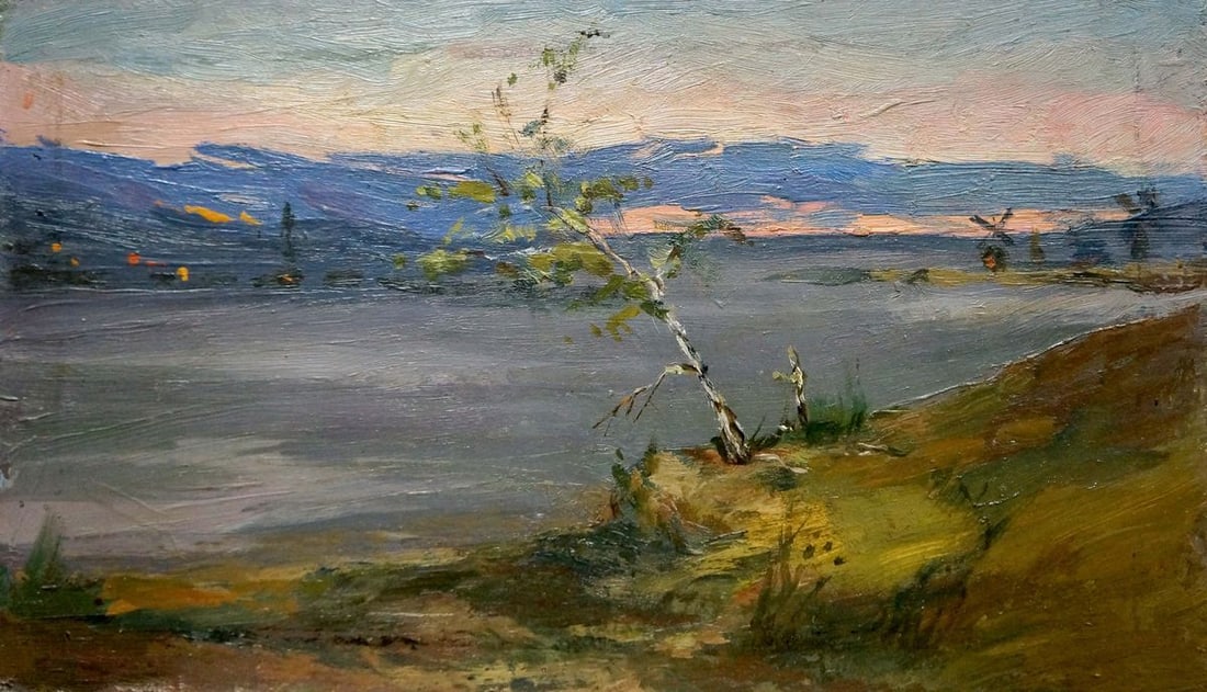 Oil painting Evening landscape: Title: Oil painting Evening landscape Description: NoVerns 535 *** ABOUT THIS PAINTING *** * TITLE: "Evening landscape" * ARTISTS: Unknown artist * SIZE: 22x38 cm/'8.66x14.96 inches' * MEDIUM: oil, ca