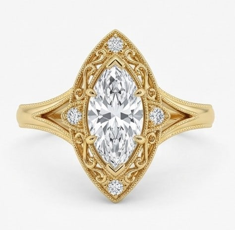 3 Ct Lab Grown Diamond Vintage Marquise Filigree with Milgrain Ring in 14K Yellow Gold: Title: 3 Ct Lab Grown Diamond Vintage Marquise Filigree with Milgrain Ring in 14K Yellow Gold Description: Stunning 3 carat lab grown diamond ring featuring a Vintage Marquise Filigree with Milgrain
