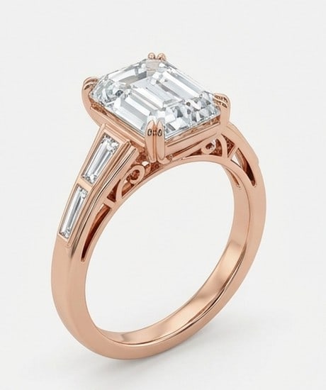 7 Ct Lab Grown Diamond Emerald Cut with Tapered Baguette Shoulders Ring in 14K Rose Gold: Title: 7 Ct Lab Grown Diamond Emerald Cut with Tapered Baguette Shoulders Ring in 14K Rose Gold Description: Stunning 7 carat lab grown diamond ring featuring a Emerald Cut with Tapered Baguette Shoul