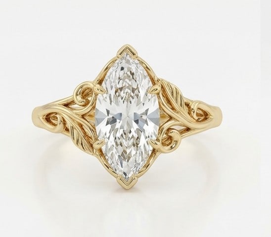 4 Ct Lab Grown Diamond Marquise Nature-Inspired Floral Leaf Ring in 14K Yellow Gold: Title: 4 Ct Lab Grown Diamond Marquise Nature-Inspired Floral Leaf Ring in 14K Yellow Gold Description: Stunning 4 carat lab grown diamond ring featuring a Marquise Nature-Inspired Floral Leaf
