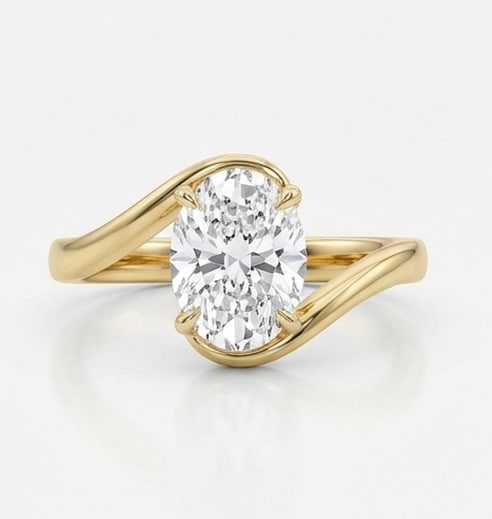 7 Ct Lab Grown Diamond Oval Bypass Tension Setting Ring in 14K Yellow Gold: Title: 7 Ct Lab Grown Diamond Oval Bypass Tension Setting Ring in 14K Yellow Gold Description: Stunning 7 carat lab grown diamond ring featuring a Oval Bypass Tension Setting design. The center stone