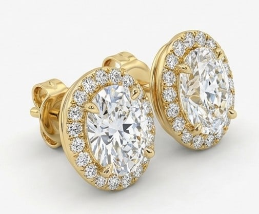 4 Ct Lab Grown Diamond Oval Halo Studs Ring in 14K Yellow Gold: Title: 4 Ct Lab Grown Diamond Oval Halo Studs Ring in 14K Yellow Gold Description: Stunning 4 carat lab grown diamond ring featuring a Oval Halo Studs design. The center stone is beautifully showcased