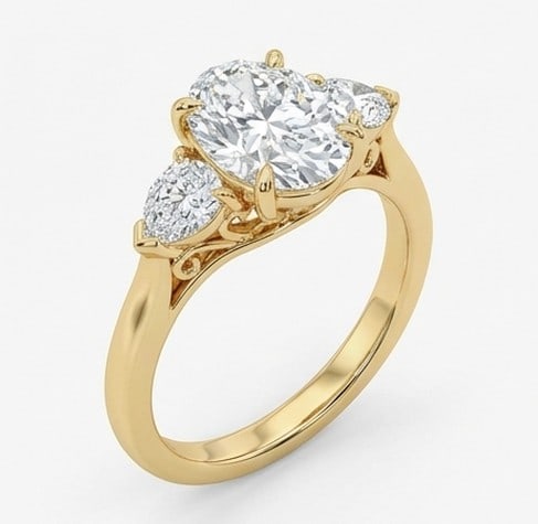 5 Ct Lab Grown Diamond Oval Three-Stone with Pear Side Stones Ring in 14K Yellow Gold - 3