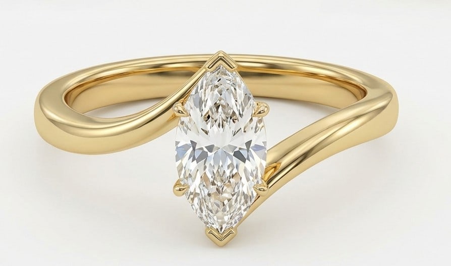 4 Ct Lab Grown Diamond Marquise Bypass Solitaire Ring in 14K Yellow Gold: Title: 4 Ct Lab Grown Diamond Marquise Bypass Solitaire Ring in 14K Yellow Gold Description: Stunning 4 carat lab grown diamond ring featuring a Marquise Bypass Solitaire design. The center stone is