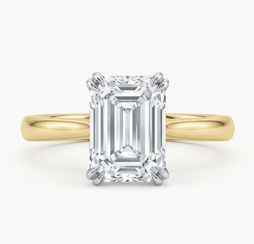 10 Ct Lab Grown Diamond Emerald Cut Classic Solitaire Ring in 14K Yellow Gold: Title: 10 Ct Lab Grown Diamond Emerald Cut Classic Solitaire Ring in 14K Yellow Gold Description: Stunning 10 carat lab grown diamond ring featuring a Emerald Cut Classic Solitaire design. The center