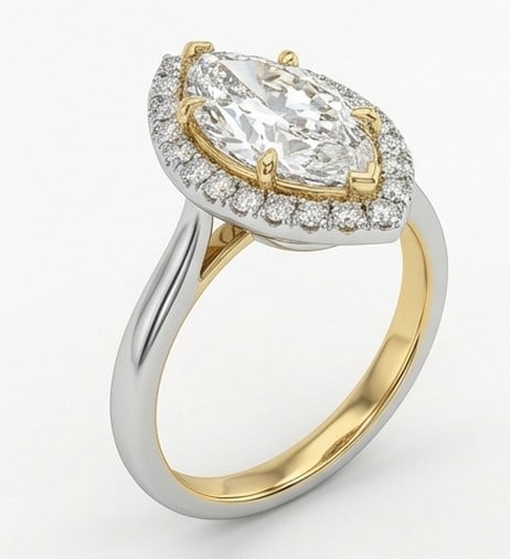 4 Ct Lab Grown Diamond Marquise Halo with Two-Tone Band Ring in 14K White Gold: Title: 4 Ct Lab Grown Diamond Marquise Halo with Two-Tone Band Ring in 14K White Gold Description: Stunning 4 carat lab grown diamond ring featuring a Marquise Halo with Two-Tone Band design. The