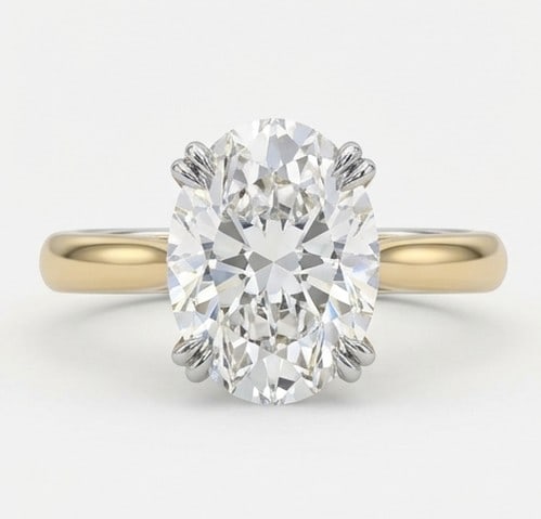 10 Ct Lab Grown Diamond Oval Classic Solitaire (White Gold Prongs) Ring in 14K Yellow Gold: Title: 10 Ct Lab Grown Diamond Oval Classic Solitaire (White Gold Prongs) Ring in 14K Yellow Gold Description: Stunning 10 carat lab grown diamond ring featuring a Oval Classic Solitaire (White Gold