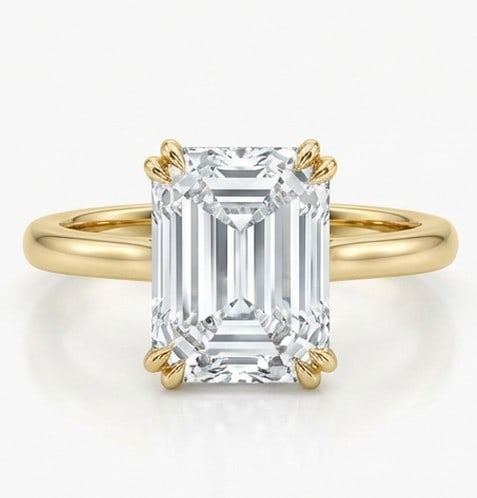 10 Ct Lab Grown Diamond Emerald Cut Solitaire (White Gold Prongs) Ring in 14K Yellow Gold: Title: 10 Ct Lab Grown Diamond Emerald Cut Solitaire (White Gold Prongs) Ring in 14K Yellow Gold Description: Stunning 10 carat lab grown diamond ring featuring a Emerald Cut Solitaire (White Gold
