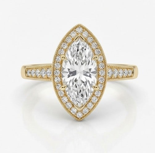 4 Ct Lab Grown Diamond Marquise Halo with Pave Band Ring in 14K Yellow Gold: Title: 4 Ct Lab Grown Diamond Marquise Halo with Pave Band Ring in 14K Yellow Gold Description: Stunning 4 carat lab grown diamond ring featuring a Marquise Halo with Pave Band design. The center