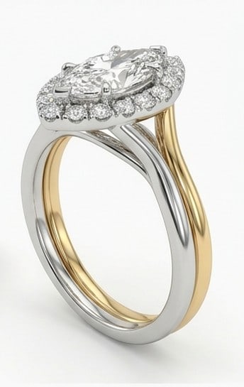 4 Ct Lab Grown Diamond Marquise Halo with Yellow Gold Accents Ring in 14K White Gold - 3