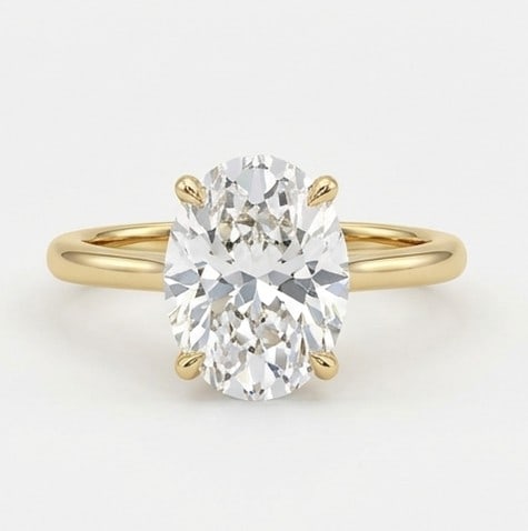 5 Ct Lab Grown Diamond Oval Classic Solitaire Ring in 14K Yellow Gold: Title: 5 Ct Lab Grown Diamond Oval Classic Solitaire Ring in 14K Yellow Gold Description: Stunning 5 carat lab grown diamond ring featuring a Oval Classic Solitaire design. The center stone is beautif