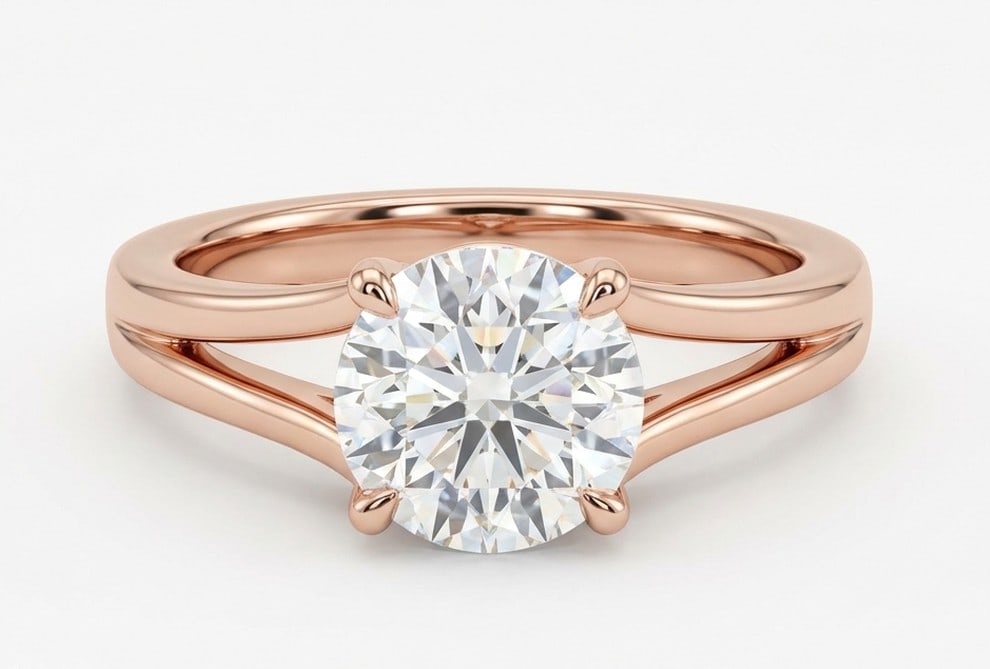 4 Ct Lab Grown Diamond Round Solitaire with Split Shank Ring in 14K Rose Gold: Title: 4 Ct Lab Grown Diamond Round Solitaire with Split Shank Ring in 14K Rose Gold Description: Stunning 4 carat lab grown diamond ring featuring a Round Solitaire with Split Shank design. The cente
