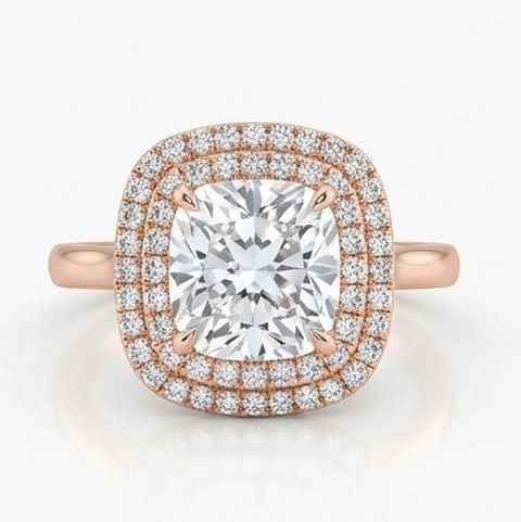 4 Ct Lab Grown Diamond Cushion Cut Double Halo Ring in 14K Rose Gold: Title: 4 Ct Lab Grown Diamond Cushion Cut Double Halo Ring in 14K Rose Gold Description: Stunning 4 carat lab grown diamond ring featuring a Cushion Cut Double Halo design. The center stone is beautif