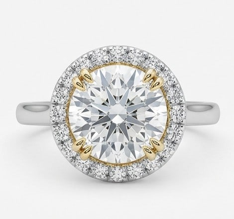 6 Ct Lab Grown Diamond Round Halo with Yellow Gold Prongs Ring in 14K White Gold: Title: 6 Ct Lab Grown Diamond Round Halo with Yellow Gold Prongs Ring in 14K White Gold Description: Stunning 6 carat lab grown diamond ring featuring a Round Halo with Yellow Gold Prongs design. The