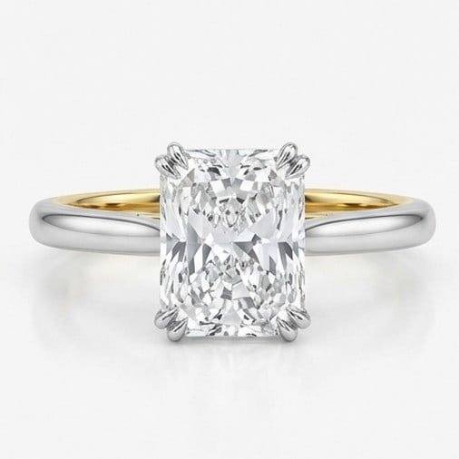 5 Ct Lab Grown Diamond Radiant Cut Solitaire (Yellow Gold Prongs) Ring in 14K White Gold: Title: 5 Ct Lab Grown Diamond Radiant Cut Solitaire (Yellow Gold Prongs) Ring in 14K White Gold Description: Stunning 5 carat lab grown diamond ring featuring a Radiant Cut Solitaire (Yellow Gold Pron