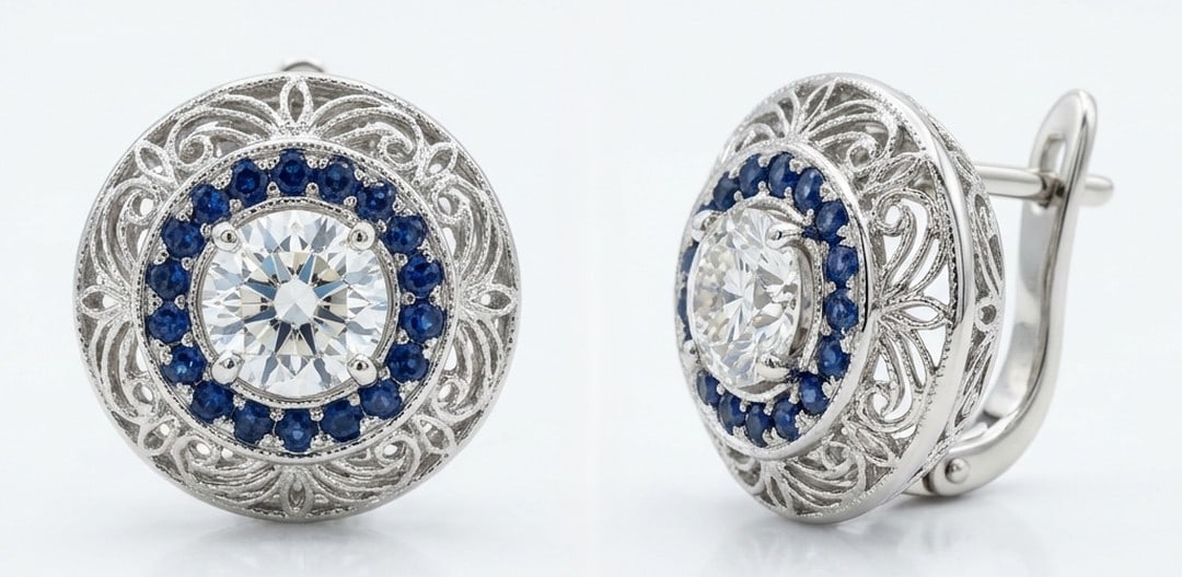 3 Ct Lab Grown Diamond Round Sapphire Halo with Filigree Ring in 14K White Gold: Title: 3 Ct Lab Grown Diamond Round Sapphire Halo with Filigree Ring in 14K White Gold Description: Stunning 3 carat lab grown diamond ring featuring a Round Sapphire Halo with Filigree design. The ce