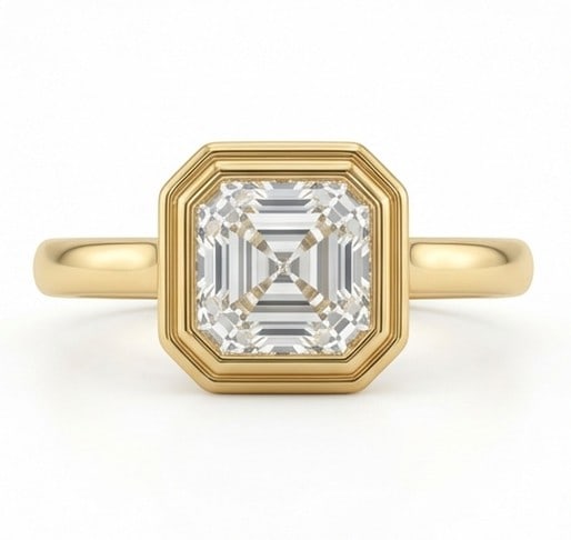 4 Ct Lab Grown Diamond Asscher Cut Bezel Set Solitaire Ring in 14K Yellow Gold: Title: 4 Ct Lab Grown Diamond Asscher Cut Bezel Set Solitaire Ring in 14K Yellow Gold Description: Stunning 4 carat lab grown diamond ring featuring a Asscher Cut Bezel Set Solitaire design. The cente