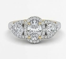 5 Ct Lab Grown Diamond Oval Halo Three-Stone with Pear Sides Ring in 14K White Gold: Title: 5 Ct Lab Grown Diamond Oval Halo Three-Stone with Pear Sides Ring in 14K White Gold Description: Stunning 5 carat lab grown diamond ring featuring a Oval Halo Three-Stone with Pear Sides design