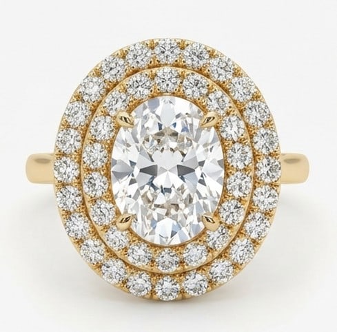 4 Ct Lab Grown Diamond Oval Double Halo Ring in 14K Yellow Gold: Title: 4 Ct Lab Grown Diamond Oval Double Halo Ring in 14K Yellow Gold Description: Stunning 4 carat lab grown diamond ring featuring a Oval Double Halo design. The center stone is beautifully showcas