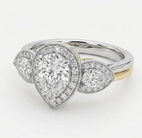 4 Ct Lab Grown Diamond Pear Shape Halo Three-Stone Ring in 14K White Gold (1 of 4)