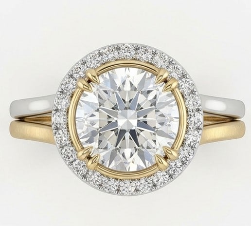 8 Ct Lab Grown Diamond Round Halo with Yellow Gold Inner Prongs Ring in 14K White Gold (1 of 2)
