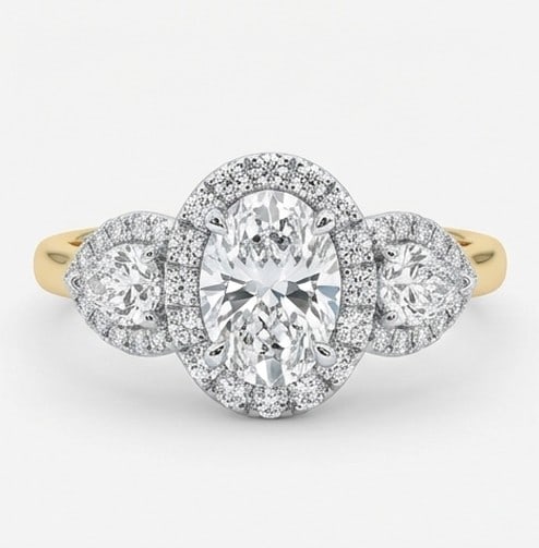 4 Ct Lab Grown Diamond Oval Halo Three-Stone with Pear Accents Ring in 14K White Gold: Title: 4 Ct Lab Grown Diamond Oval Halo Three-Stone with Pear Accents Ring in 14K White Gold Description: Stunning 4 carat lab grown diamond ring featuring a Oval Halo Three-Stone with Pear Accents de