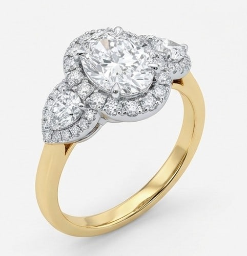 4 Ct Lab Grown Diamond Oval Halo Three-Stone with Pear Accents Ring in 14K White Gold - 3