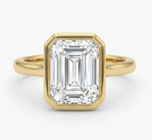10 Ct Lab Grown Diamond Emerald Cut Bezel Set Solitaire Ring in 14K Yellow Gold (1 of 3)