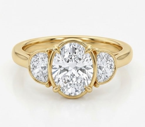 7 Ct Lab Grown Diamond Oval Bezel Three-Stone (Half-Moon Sides) Ring in 14K Yellow Gold: Title: 7 Ct Lab Grown Diamond Oval Bezel Three-Stone (Half-Moon Sides) Ring in 14K Yellow Gold Description: Stunning 7 carat lab grown diamond ring featuring a Oval Bezel Three-Stone (Half-Moon