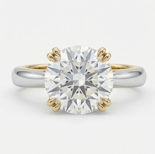 5 Ct Lab Grown Diamond Round Solitaire with Yellow Gold Prongs Ring in 14K White Gold: Title: 5 Ct Lab Grown Diamond Round Solitaire with Yellow Gold Prongs Ring in 14K White Gold Description: Stunning 5 carat lab grown diamond ring featuring a Round Solitaire with Yellow Gold Prongs de