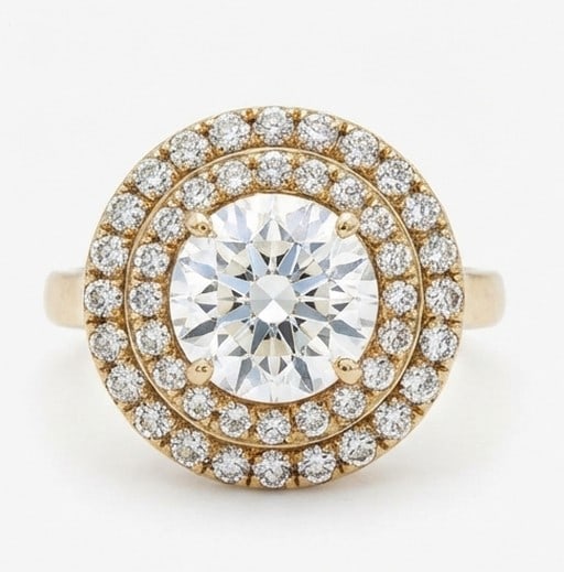 4 Ct Lab Grown Diamond Round Double Halo with Scalloped Band Ring in 14K Yellow Gold: Title: 4 Ct Lab Grown Diamond Round Double Halo with Scalloped Band Ring in 14K Yellow Gold Description: Stunning 4 carat lab grown diamond ring featuring a Round Double Halo with Scalloped Band desig