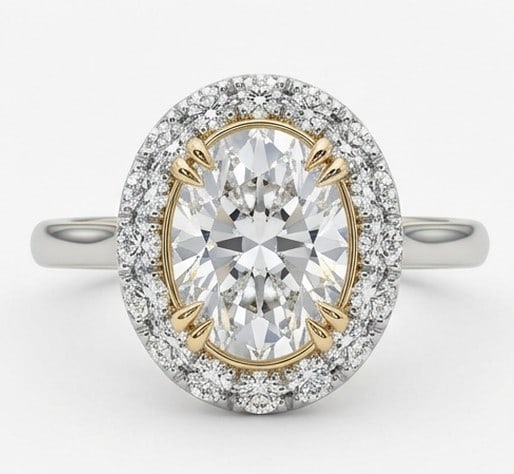 5 Ct Lab Grown Diamond Oval Halo with Yellow Gold Prongs Ring in 14K White Gold: Title: 5 Ct Lab Grown Diamond Oval Halo with Yellow Gold Prongs Ring in 14K White Gold Description: Stunning 5 carat lab grown diamond ring featuring a Oval Halo with Yellow Gold Prongs design. The ce