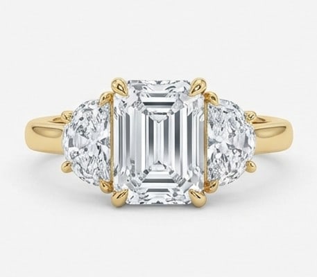 7 Ct Lab Grown Diamond Emerald Cut Three-Stone (Half-Moon Sides) Ring in 14K Yellow Gold: Title: 7 Ct Lab Grown Diamond Emerald Cut Three-Stone (Half-Moon Sides) Ring in 14K Yellow Gold Description: Stunning 7 carat lab grown diamond ring featuring a Emerald Cut Three-Stone (Half-Moon