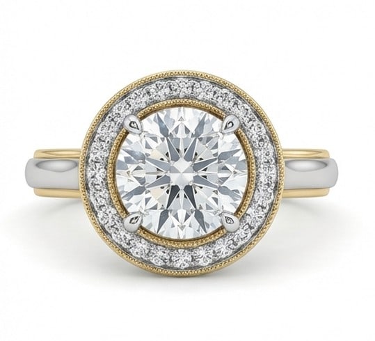 5 Ct Lab Grown Diamond Round Two-Tone Double Halo Ring in 14K White Gold: Title: 5 Ct Lab Grown Diamond Round Two-Tone Double Halo Ring in 14K White Gold Description: Stunning 5 carat lab grown diamond ring featuring a Round Two-Tone Double Halo design. The center stone is