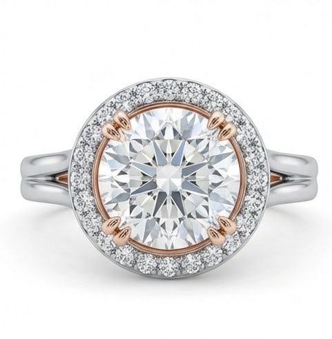 6 Ct Lab Grown Diamond Round Halo with Rose Gold Accents Ring in 14K White Gold: Title: 6 Ct Lab Grown Diamond Round Halo with Rose Gold Accents Ring in 14K White Gold Description: Stunning 6 carat lab grown diamond ring featuring a Round Halo with Rose Gold Accents design. The ce