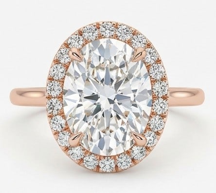 10 Ct Lab Grown Diamond Oval Halo with Four-Prong Setting Ring in 14K Rose Gold: Title: 10 Ct Lab Grown Diamond Oval Halo with Four-Prong Setting Ring in 14K Rose Gold Description: Stunning 10 carat lab grown diamond ring featuring a Oval Halo with Four-Prong Setting design. The