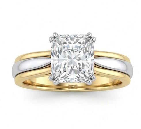 5 Ct Lab Grown Diamond Radiant Cut Three-Stone (Two-Tone Band) Ring in 14K Yellow Gold: Title: 5 Ct Lab Grown Diamond Radiant Cut Three-Stone (Two-Tone Band) Ring in 14K Yellow Gold Description: Stunning 5 carat lab grown diamond ring featuring a Radiant Cut Three-Stone (Two-Tone Band)