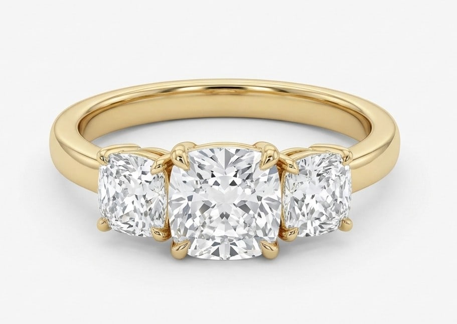 4 Ct Lab Grown Diamond Cushion Cut Three-Stone Ring in 14K Yellow Gold: Title: 4 Ct Lab Grown Diamond Cushion Cut Three-Stone Ring in 14K Yellow Gold Description: Stunning 4 carat lab grown diamond ring featuring a Cushion Cut Three-Stone design. The center stone is beaut