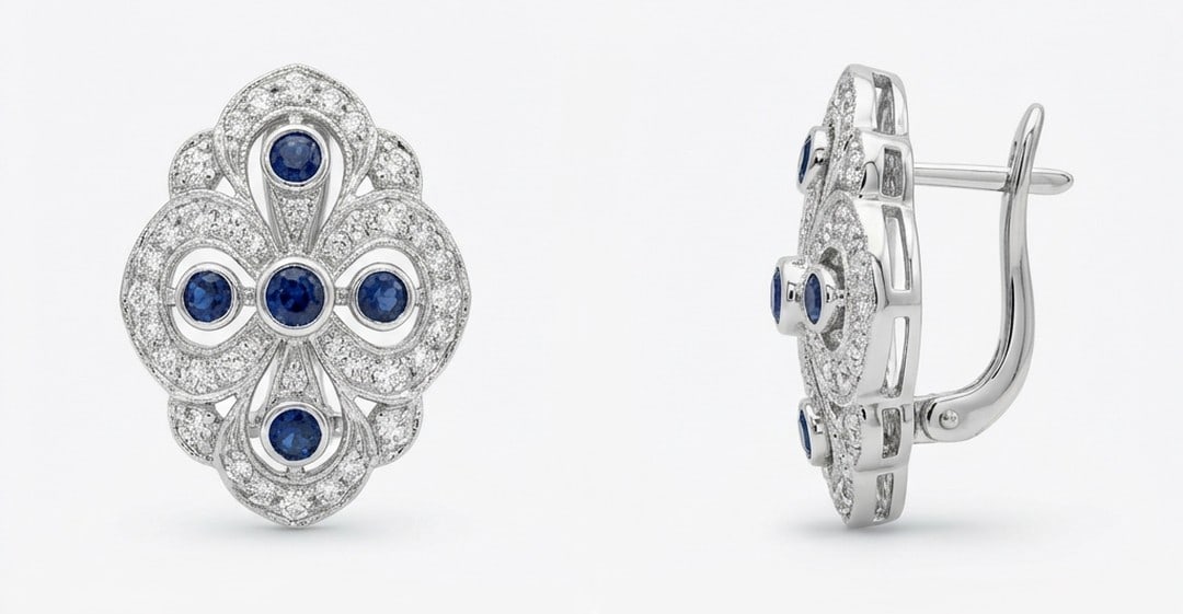 2.00 Ct Lab-Grown Diamond Vintage Filigree Earrings with Blue Lab-Grown Sapphire Accents in 14K Whit: Title: 2.00 Ct Lab-Grown Diamond Vintage Filigree Earrings with Blue Lab-Grown Sapphire Accents in 14K WhitDescription: An elegant and vintage-inspired pair of earrings crafted in fine 14K White