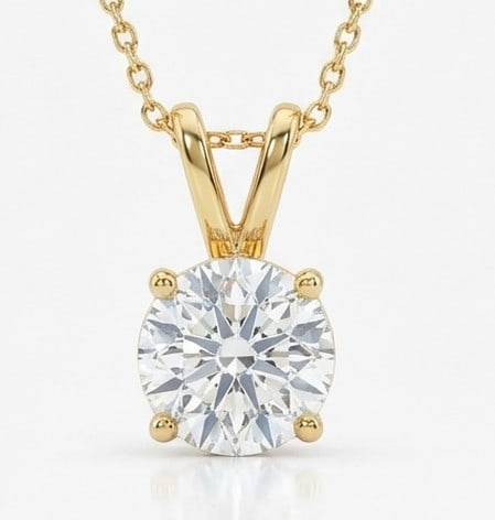 4 Ct Lab Grown Diamond Round Solitaire Pendant in 14K Yellow Gold: Title: 4 Ct Lab Grown Diamond Round Solitaire Pendant in 14K Yellow Gold Description: Stunning 4 carat lab grown diamond pendant featuring a Round Solitaire design. The center stone is beautifully sho