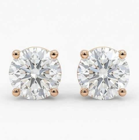 4 Ct Lab Grown Diamond Round Solitaire Studs Ring in 14K Rose Gold: Title: 4 Ct Lab Grown Diamond Round Solitaire Studs Ring in 14K Rose Gold Description: Stunning 4 carat lab grown diamond ring featuring a Round Solitaire Studs design. The center stone is beautifully