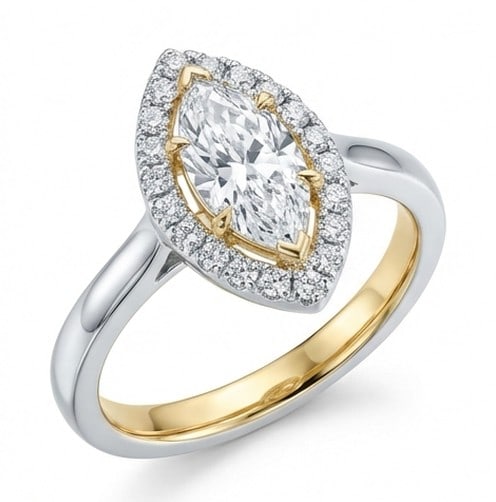 3 Ct Lab Grown Diamond Marquise Halo (Yellow Gold Prongs) Ring in 14K White Gold: Title: 3 Ct Lab Grown Diamond Marquise Halo (Yellow Gold Prongs) Ring in 14K White Gold Description: Stunning 3 carat lab grown diamond ring featuring a Marquise Halo (Yellow Gold Prongs) design. The