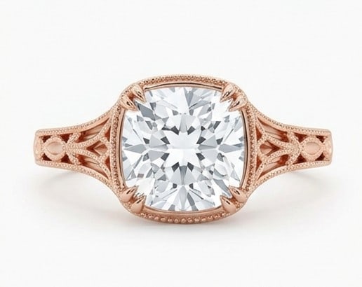 5 Ct Lab Grown Diamond Cushion Cut Solitaire with Filigree Ring in 14K Rose Gold: Title: 5 Ct Lab Grown Diamond Cushion Cut Solitaire with Filigree Ring in 14K Rose Gold Description: Stunning 5 carat lab grown diamond ring featuring a Cushion Cut Solitaire with Filigree design. The