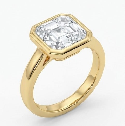 5 Ct Lab Grown Diamond Asscher Cut Bezel Set Solitaire Ring in 14K Yellow Gold: Title: 5 Ct Lab Grown Diamond Asscher Cut Bezel Set Solitaire Ring in 14K Yellow Gold Description: Stunning 5 carat lab grown diamond ring featuring a Asscher Cut Bezel Set Solitaire design. The cente