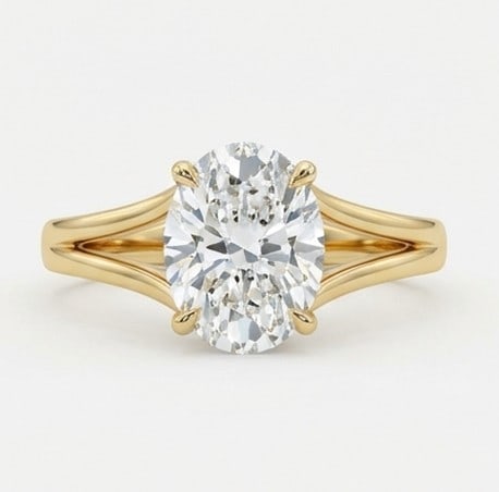 6 Ct Lab Grown Diamond Oval Solitaire with Split Shank Ring in 14K Yellow Gold: Title: 6 Ct Lab Grown Diamond Oval Solitaire with Split Shank Ring in 14K Yellow Gold Description: Stunning 6 carat lab grown diamond ring featuring a Oval Solitaire with Split Shank design. The