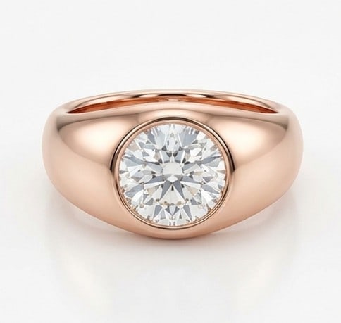 5 Ct Lab Grown Diamond Round Bezel Set Cigar Band Ring in 14K Rose Gold: Title: 5 Ct Lab Grown Diamond Round Bezel Set Cigar Band Ring in 14K Rose Gold Description: Stunning 5 carat lab grown diamond ring featuring a Round Bezel Set Cigar Band design. The center stone is