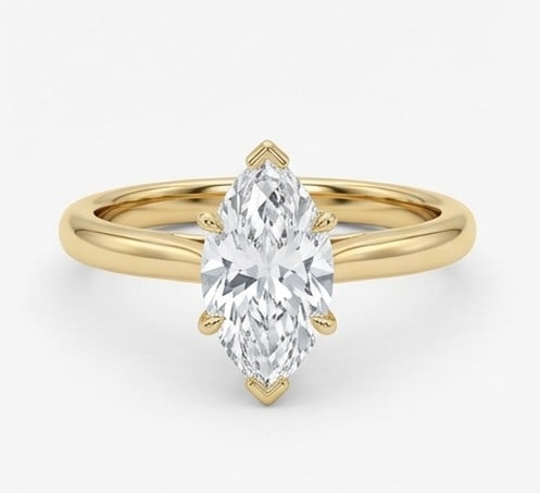 3 Ct Lab Grown Diamond Marquise Solitaire with V-Prongs Ring in 14K Yellow Gold: Title: 3 Ct Lab Grown Diamond Marquise Solitaire with V-Prongs Ring in 14K Yellow Gold Description: Stunning 3 carat lab grown diamond ring featuring a Marquise Solitaire with V-Prongs design. The
