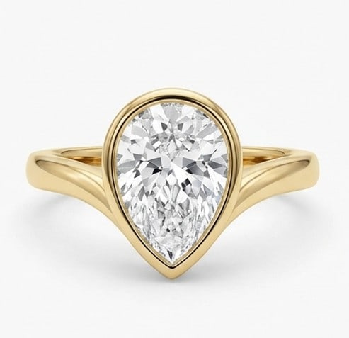 5 Ct Lab Grown Diamond Pear Shape Bezel Set Solitaire Ring in 14K Yellow Gold: Title: 5 Ct Lab Grown Diamond Pear Shape Bezel Set Solitaire Ring in 14K Yellow Gold Description: Stunning 5 carat lab grown diamond ring featuring a Pear Shape Bezel Set Solitaire design. The center
