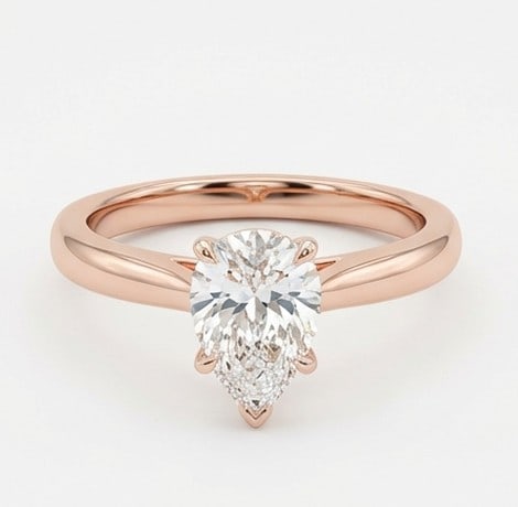 4 Ct Lab Grown Diamond Pear Shape Solitaire Ring in 14K Rose Gold: Title: 4 Ct Lab Grown Diamond Pear Shape Solitaire Ring in 14K Rose Gold Description: Stunning 4 carat lab grown diamond ring featuring a Pear Shape Solitaire design. The center stone is beautifully