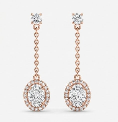 3 Ct Lab Grown Diamond Oval Halo Dangle Earrings Ring in 14K Rose Gold: Title: 3 Ct Lab Grown Diamond Oval Halo Dangle Earrings Ring in 14K Rose Gold Description: Stunning 3 carat lab grown diamond ring featuring a Oval Halo Dangle Earrings design. The center stone is bea